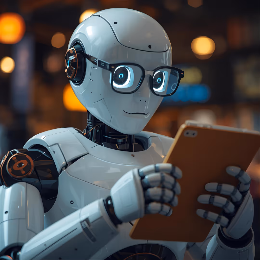 A friendly robot reading from a tablet